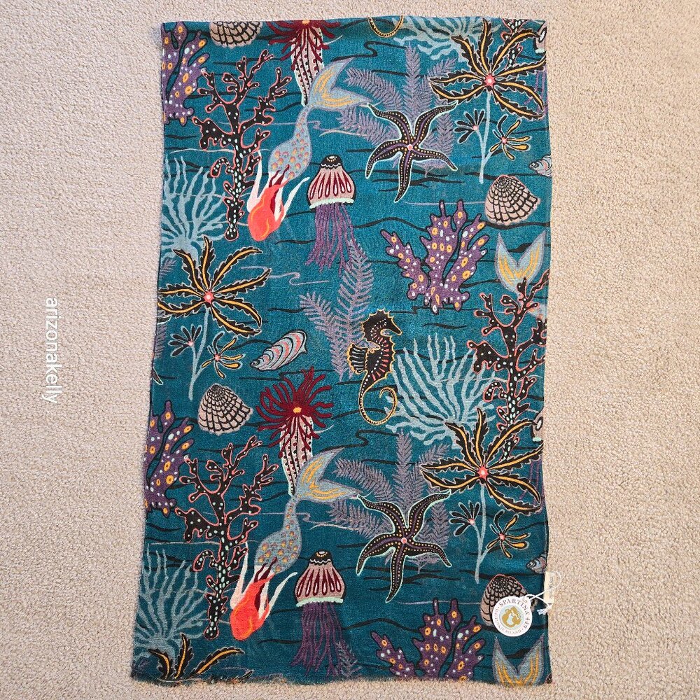 NWT Spartina 447 Linen Blend Scarf w/ Undersea Scene Mermaid Jellyfish, Seahorse - Picture 8 of 12